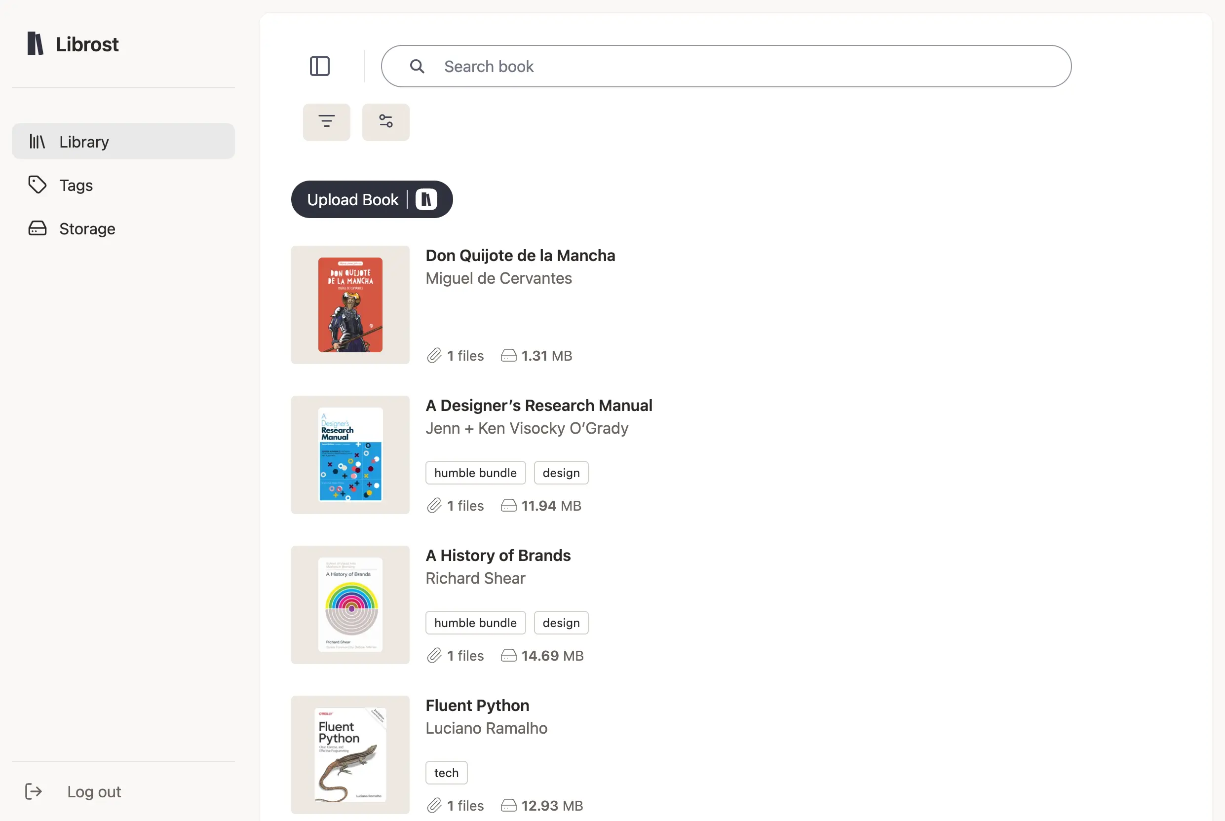 Librost app interface showing an organized digital book library